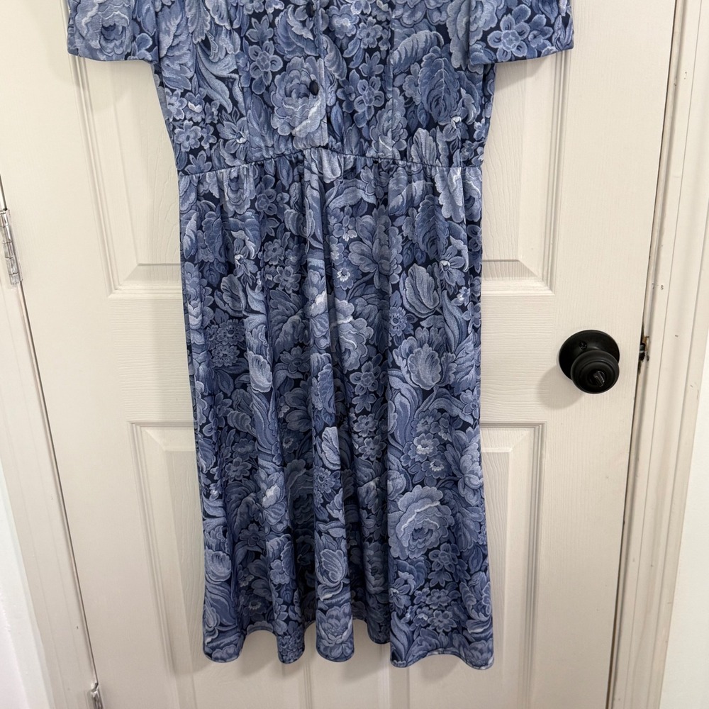 Tabby of California Blue Floral Midi Dress Vintage 90s Puff Sleeve Petite 16P - Picture 5 of 11